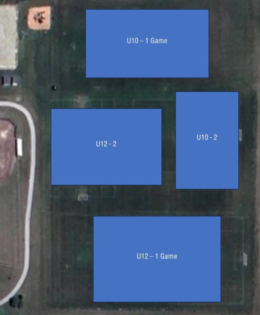 Aerial field map of the U10 and U12 game fields near the fairgrounds